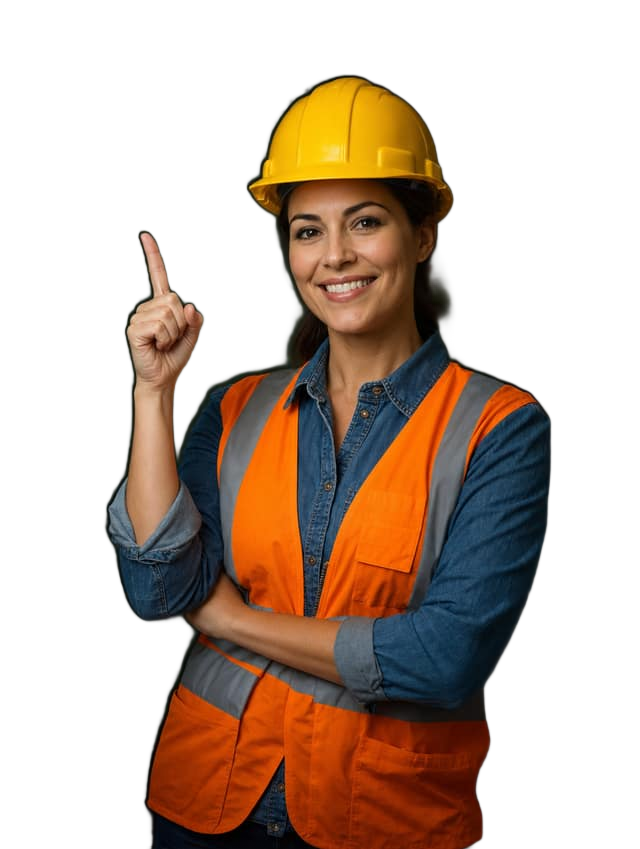 Friendly roofing expert pointing to the message